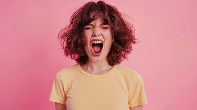 Do not miss. Young casual woman shouting. Shout. Crying emotional woman screaming on pink studio background. Female half-length portrait. Human emotions, facial expression concept. Trendy colors 