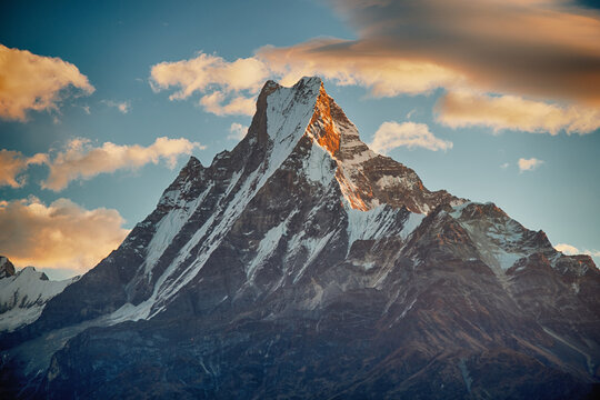 Sunset Alpenglow on Machapuchare Summit, View from Poon Hill, Nepal