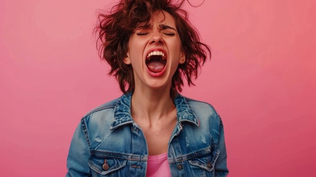 Do not miss. Young casual woman shouting. Shout. Crying emotional woman screaming on pink studio background. Female half-length portrait. Human emotions, facial expression concept. Trendy colors 