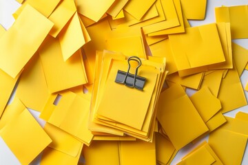 yellow adhesive notes with paper clip isolated