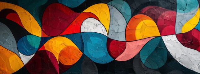 Artistic mural of abstract, interlocking curves in a dynamic array of red, yellow, teal, and grey on a dark backdrop.