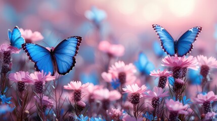 a couple of blue butterflies flying over a field of pink and purple flowers with a pink sky in the background.