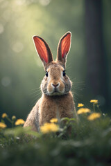 Fototapeta na wymiar Hare in the forest in backlight. Rabbit sitting in the forest. Bunny sits looking at the camera.
