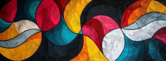 Artistic mural of abstract, interlocking curves in a dynamic array of red, yellow, teal, and grey on a dark backdrop.