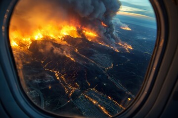 a raging wildfire seen from above through an airplane window. - obrazy, fototapety, plakaty
