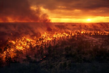 A raging wildfire consumes a forest, sending flames and smoke high into the air. - obrazy, fototapety, plakaty