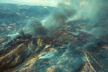 Fototapeta premium Aerial view of a raging wildfire tearing through the mountainous landscape.