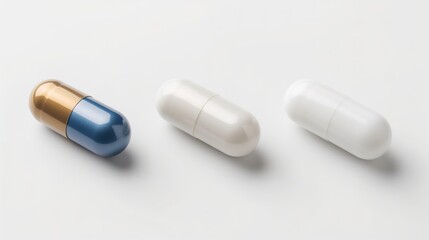 Three diverse pills neatly aligned on a clean white surface.