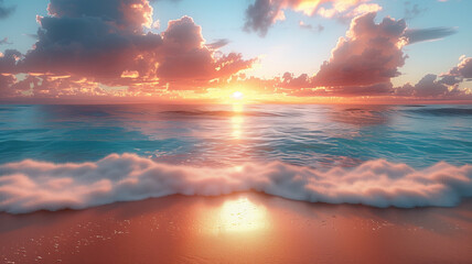 The ocean is calm and the sun is setting, creating a beautiful