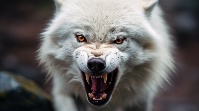 close up photo angry white wolf background