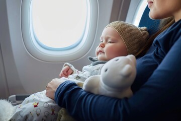 A mother sits on an airplane, tenderly holding her sleeping baby in her arms.