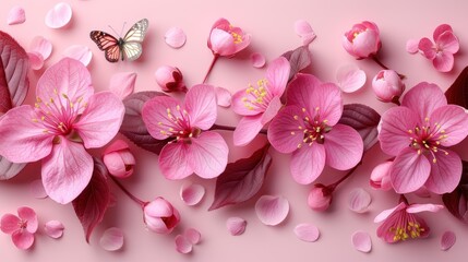 a group of pink flowers and a butterfly on a pink background with pink petals and petals scattered around the flowers.