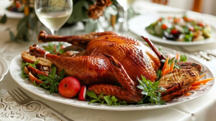 A festive dining table features a beautifully roasted turkey garnished with herbs and vegetables. The elegant setting includes fine china, glassware, and a decorative tablecloth.