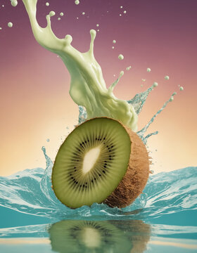 A succulent kiwi slice nosedives into a surge of flowing cream, the liquid wrapping around the fruit in a luscious cascade.