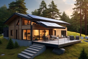 Fototapeta na wymiar Wooden house with installed solar panels