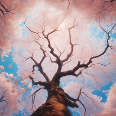 満開の桜の木を下から見上げる迫力のあるイメージ
