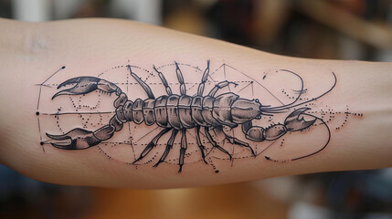 black and white geometric crustacean tattoo with detailing of lines and points of symmetry and balance.
Concept: symbol of strength, protection and sustainability. astrological sign and personal trans