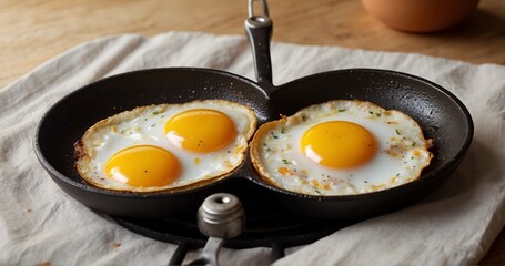 Illustrate a scene of two eggs frying in a heart shape on a sizzling hot pan. Emphasize the realistic details of the eggs' edges crisping up and the gentle bubbling of the surrounding-AI Generative