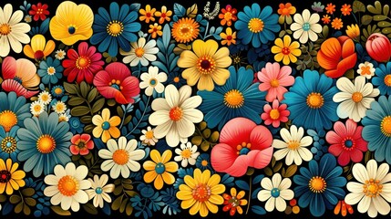a painting of a bunch of flowers on a black background with red, yellow, blue, and white flowers.