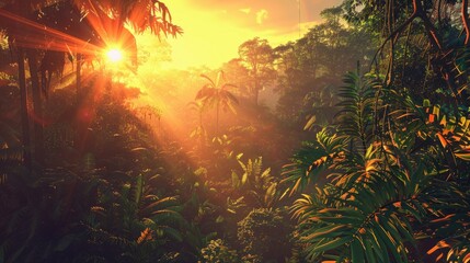 Fototapeta na wymiar A sunset view from within the Amazon forest, with the sun's rays casting long shadows through the dense array of trees and plants, highlighting the intricate layers of the jungle. 8k
