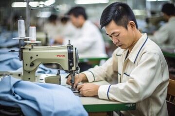 Male worker in Asian textile factory sewing with industrial sewing machine Fast Fashion Industry