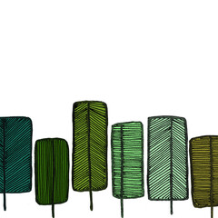 Hand drawn line art doodle scandinavian mock up with copy space on white background.Stylized different shaped wood trees in green tones simple minimalistic summer border banner.