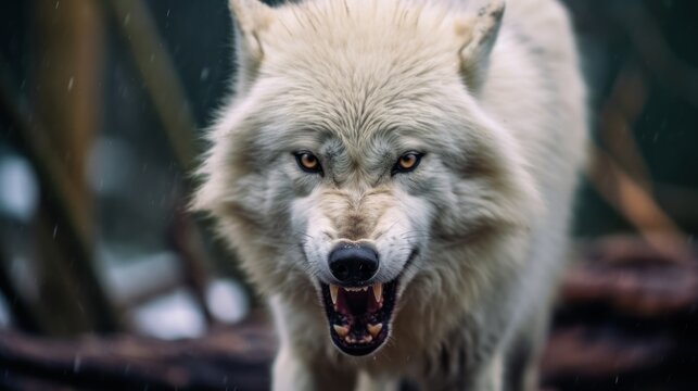close up photo angry white wolf background