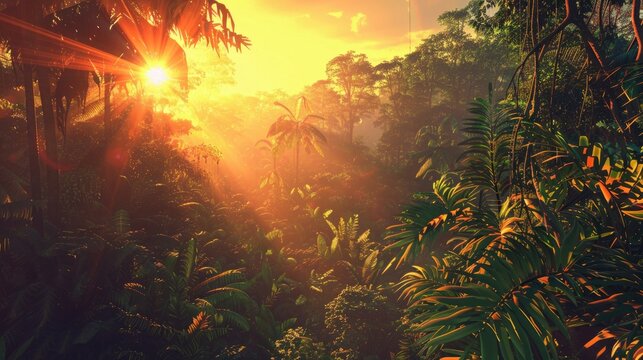 A sunset view from within the Amazon forest, with the sun's rays casting long shadows through the dense array of trees and plants, highlighting the intricate layers of the jungle. 8k