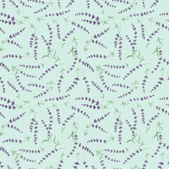 Hand drawn seamless pattern with shining glowing line art provance purple lavender flowers.Floral spring summer botanical backdrop on blue background.