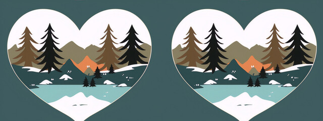 Winter wonderland landscape with snow-covered mountains, fir trees and frozen lake in heart-shaped frame, vector illustration,Minimalist vector art