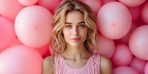 Fototapeta na wymiar Woman in Pink Dress at Birthday Party Surrounded by Balloons, Radiating Happiness. Concept Pink Dress, Birthday Party, Balloons, Happiness, Woman