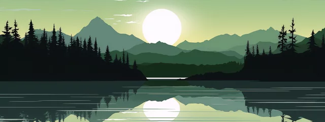 Foto op Canvas Green mountain lake landscape with white moon and reflection in water, vector illustration,Minimalist vector art © louis