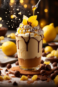 Lemon icecream with mapple syrup and chocolate, realistic render  smoke,  dramatic lighting and cinematic lighting.