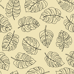 Line art doodle hand drawn black lined monstera plant leaves as summer botanical seamless pattern on yellow background.Print fabric, cards, invitations