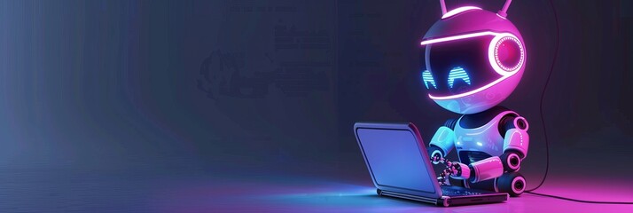 Cute friendly artificial intelligence robot using laptop computer with purple neon glow light, chatbot and AI assistant concept futuristic technology 3d illustration, banner - obrazy, fototapety, plakaty
