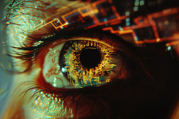 Close up of a woman's eye with digital coding. Data hacker concept. Artificial intelligence