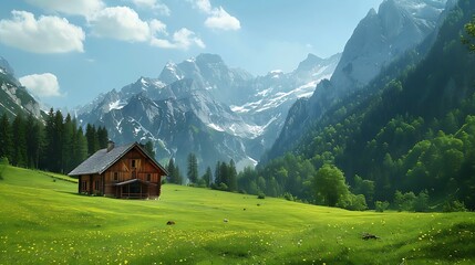 landscape in the Alps with mountain chalet and green meadows