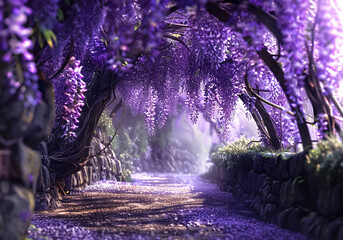 Wisteria garden, a climbing plant known for its showy hanging purple inflorescences. AI generated - obrazy, fototapety, plakaty