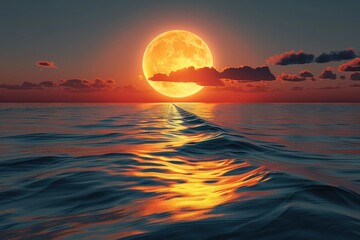 Captivating scene of a giant orange moon rising above the ocean's horizon, with waves reflecting the warm glow against a sunset sky.