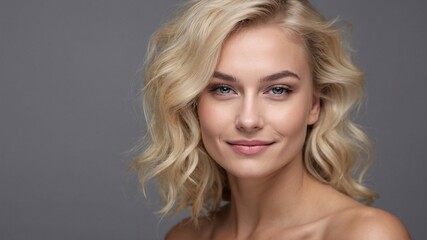 Fototapeta premium beautiful smirking blonde woman with healthy skin looks at the camera. natural makeup of a young beautiful model on a studio background. cosmetic concept.
