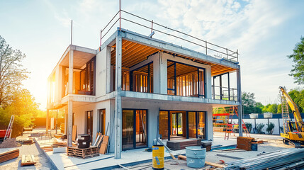 Construction progress of steel structure prefabricated modern house. Generative AI. - 753748529