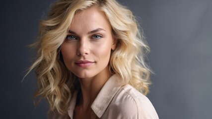 Fototapeta premium beautiful smirking blonde woman with healthy skin looks at the camera. natural makeup of a young beautiful model on a studio background. cosmetic concept.