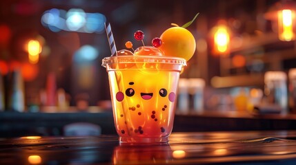 Trending boba ice artist cartoon character in transparency cup with art  - obrazy, fototapety, plakaty