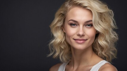 beautiful smirking blonde woman with healthy skin looks at the camera. natural makeup of a young beautiful model on a studio background. cosmetic concept.