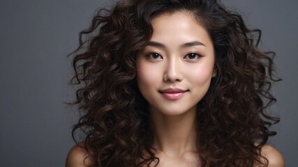 Fototapeta premium beautiful smirking curly brunette young japanese woman with healthy skin looks at the camera. natural makeup of a young beautiful model on a studio background. cosmetic concept.