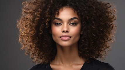 Fototapeta premium Beautiful smirking curly brunette american african woman with healthy skin looks at the camera. Natural makeup of a young beautiful model on a studio background. Cosmetic concept.