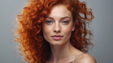beautiful smirking curly redhead woman with healthy skin looks at the camera. natural makeup of a young beautiful model on a studio background. cosmetic concept.