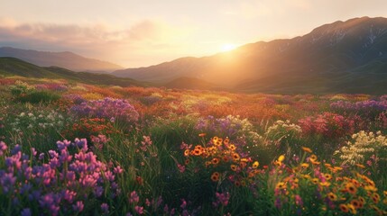 A sweeping view of a wildflower meadow at sunrise, with the first light illuminating hills covered in a tapestry of colorful blooms. 8k