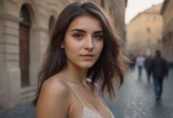 Naklejka premium Beautiful woman 20 years old walking in the city on a sunny day