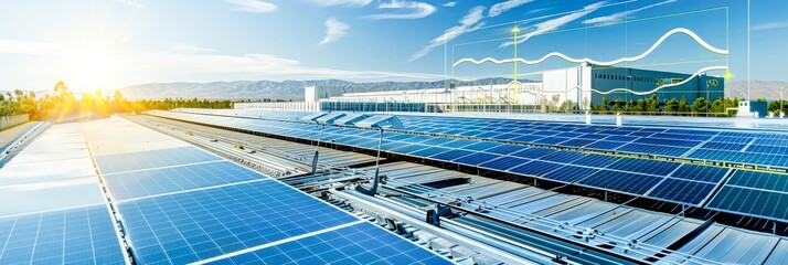 Solar panels installed on the roof of an industrial complex, on the right side is a diagram showing the monthly electricity production from the solar power plant. Generative AI.